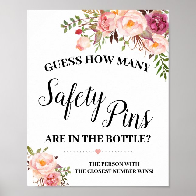 How many Safety Pins pink game sign Baby shower (Front)