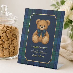 How Many Teddy Bears Baby Shower Blue Green Plaid Pedestal Sign