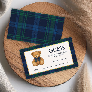 How Many Teddy Bears Blue Plaid Baby Shower Game Business Card