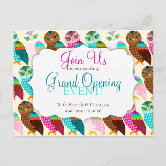 How Now Little Owl? Grand Opening Invitation Postcard (Front)