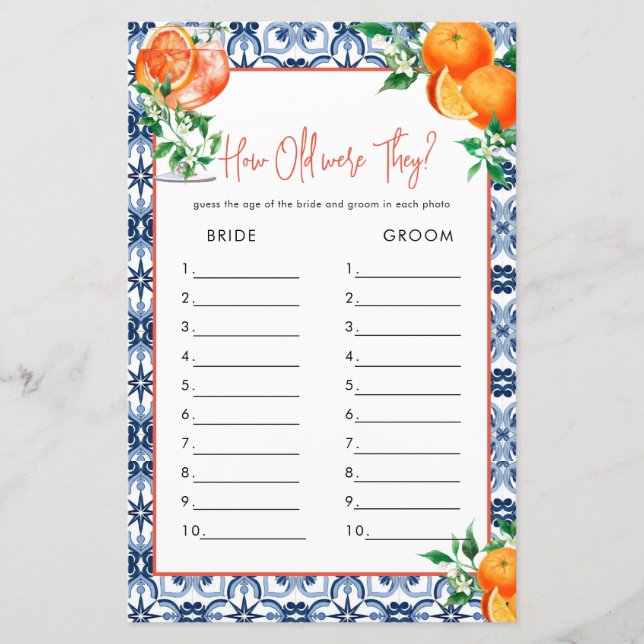 How Old? Aperol Spritz Bridal Shower Game (Front)