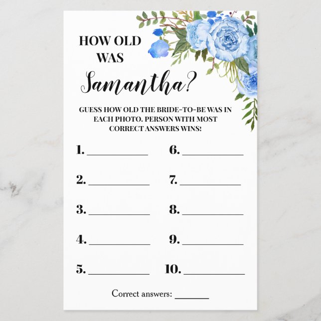 How old was Bride Bridal Shower Blue Game Card Flyer (Front)