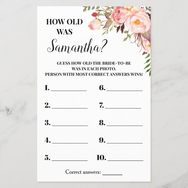 How old was Bride Bridal Shower Pink Game Card Flyer (Front)