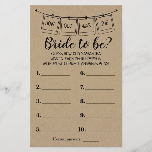 How old Was Bride to Be Rustic Shower Game Flyer