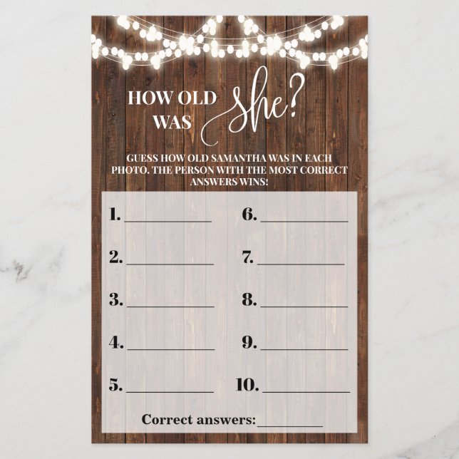 How old was Bride Western Bridal Shower Game Card Flyer (Front)