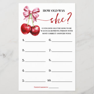 How old was Mom Cherry Baby Shower Game Card Flyer