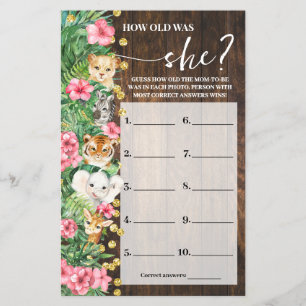 How old was Mom Pink Safari Baby Shower Game Card Flyer