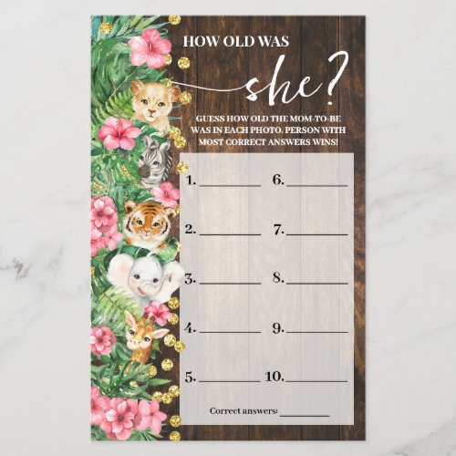 How old was Mom Pink Safari Baby Shower Game Card