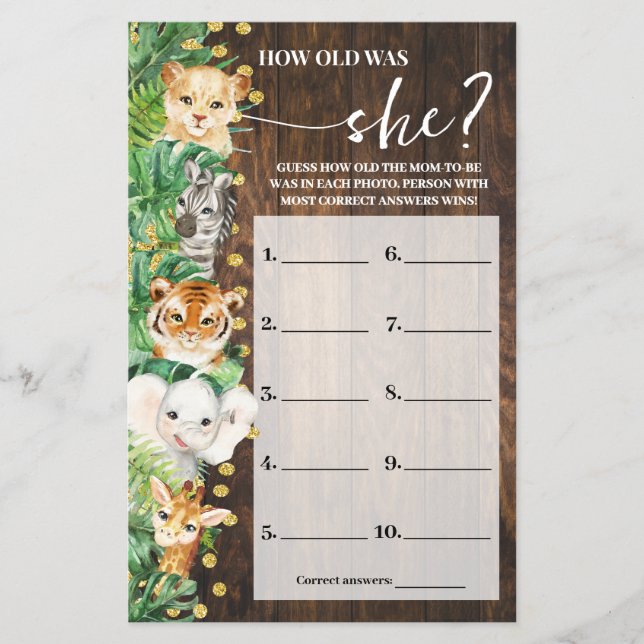 How old was Mom Safari Baby Shower Game Card Flyer (Front)
