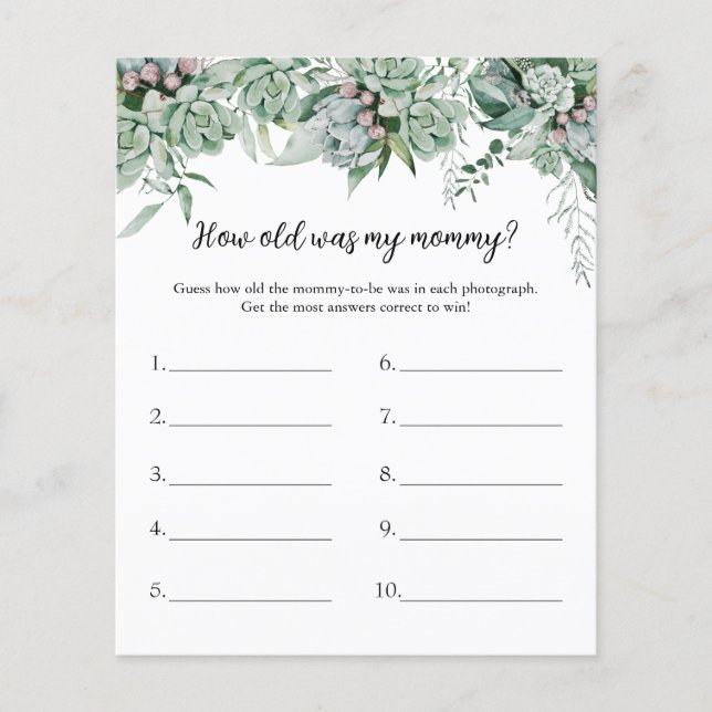 How Old Was My Mommy Baby Shower Game (Front)