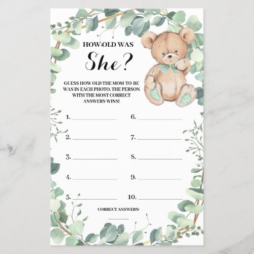 How old was She Bear Greenery Shower Game Card Flyer