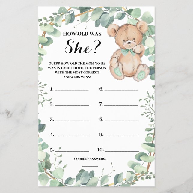 How old was She Bear Greenery Shower Game Card Flyer (Front)