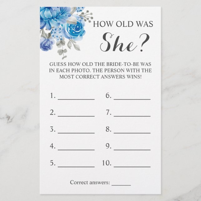 How old was She? Blue Flower Game Card Flyer (Front)