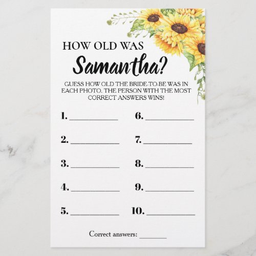 How Old Was She Bridal Shower Sunflowers Game Card Flyer