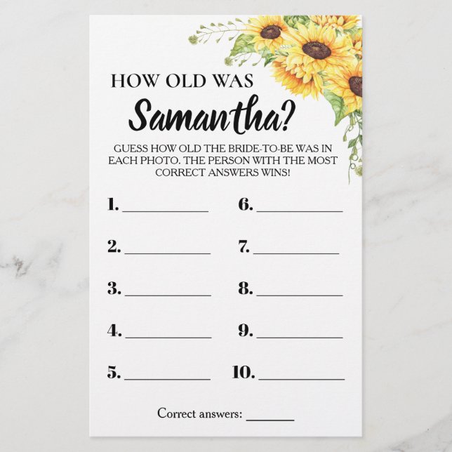 How Old Was She Bridal Shower Sunflowers Game Card Flyer (Front)