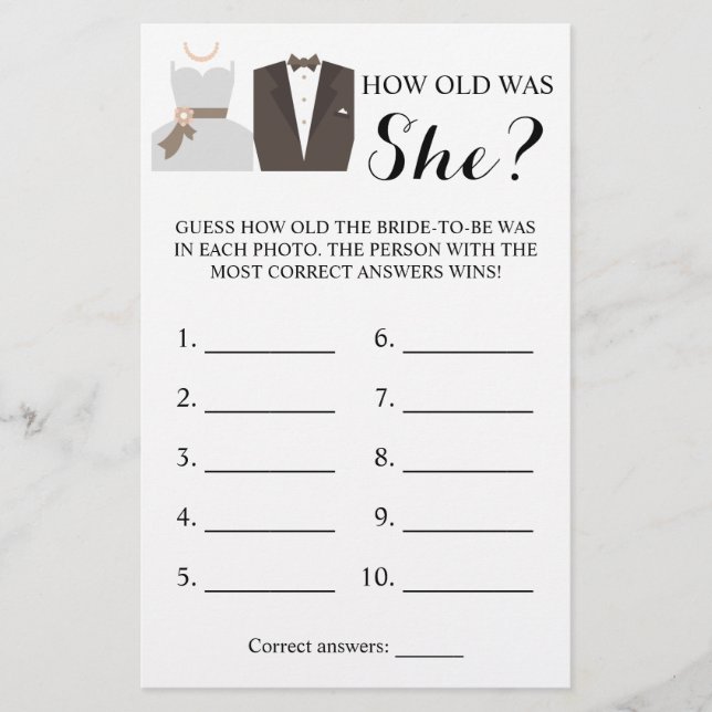 How old was She? Bride & Groom Game Card Flyer (Front)