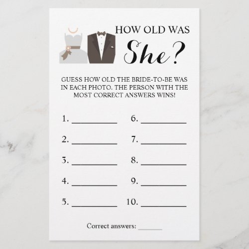 How old was She Bride  Groom Game Card Flyer