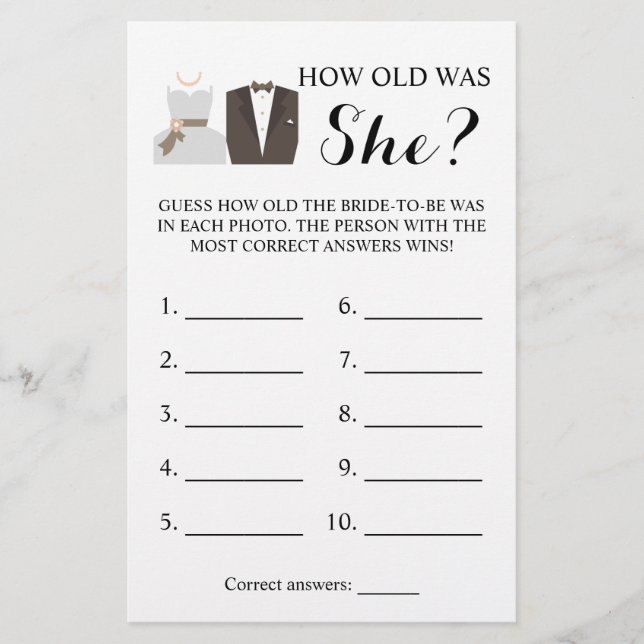 How old was She? Bride & Groom Game Card Flyer (Front)