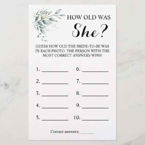 How old was She Greenery Eucalyptus Game Card Flyer
