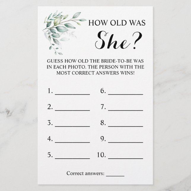 How old was She? Greenery Eucalyptus Game Card Flyer (Front)