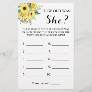 How old was She? Greenery Sunflower Game Card Flyer