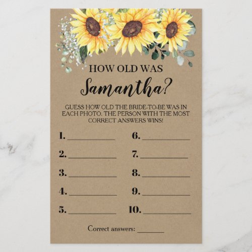 How Old Was She Greenery Sunflowers Game Card Flyer
