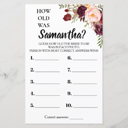 How old was She Marsala Flowers Bridal Shower Game