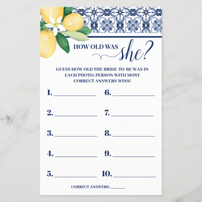 How old was She Mediterranean Shower Game Card Flyer (Front)