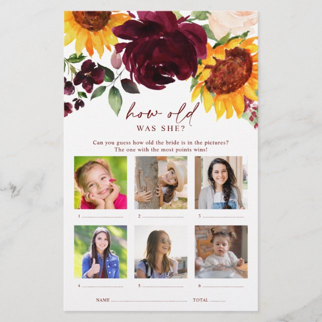 How Old Was She Photo Sunflower Bridal Shower Game (Front)