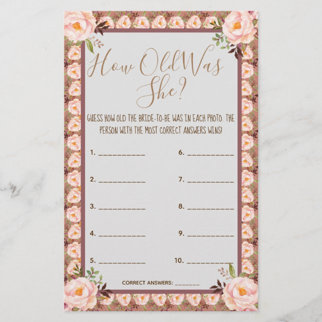 How old was She? Pink Floral Frame Game Card Flyer (Front)