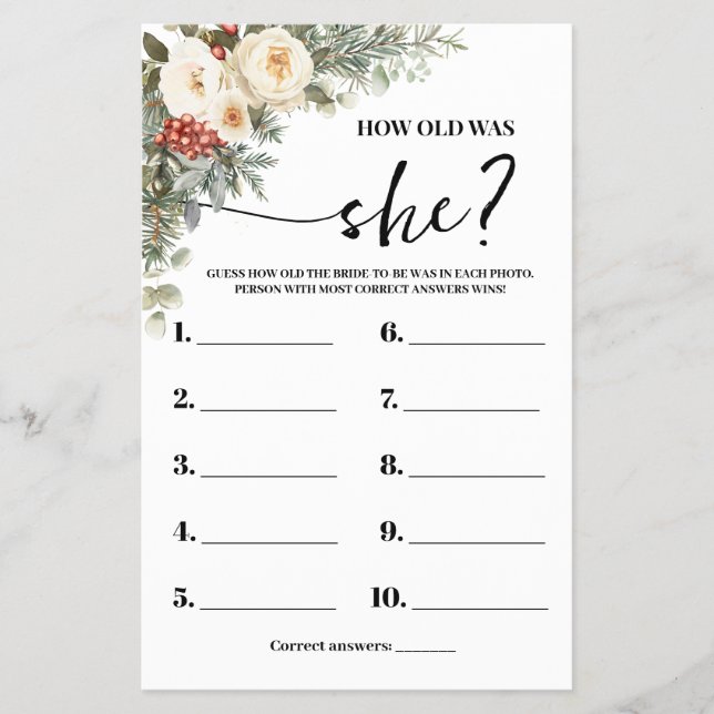 How old was She Winter Bridal Shower Game Card Flyer (Front)