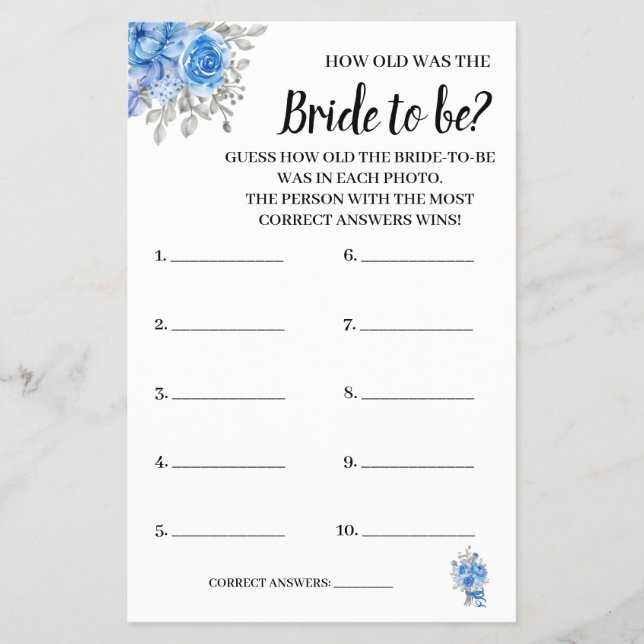 How old was the Blue Flowers Shower Game Card Flyer (Front)