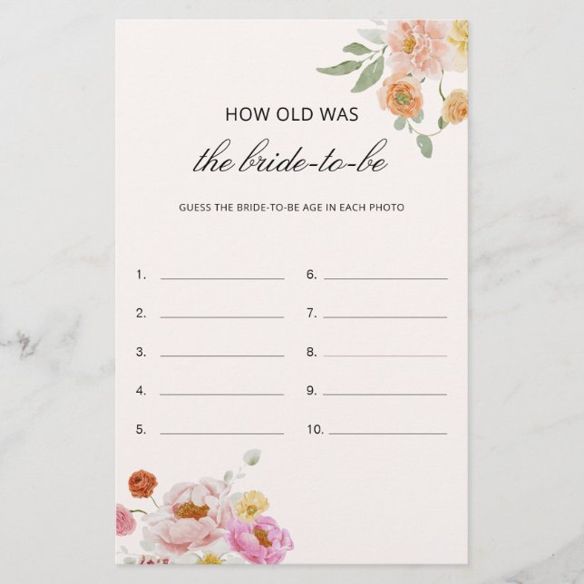 How Old Was The Bride Bridal Shower Game Card (Front)