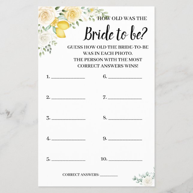 How old was the Lemons & Roses Shower Game Card Flyer (Front)