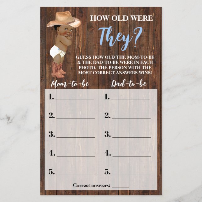 How Old Were They AA Cowboy Baby Shower Game Card Flyer (Front)