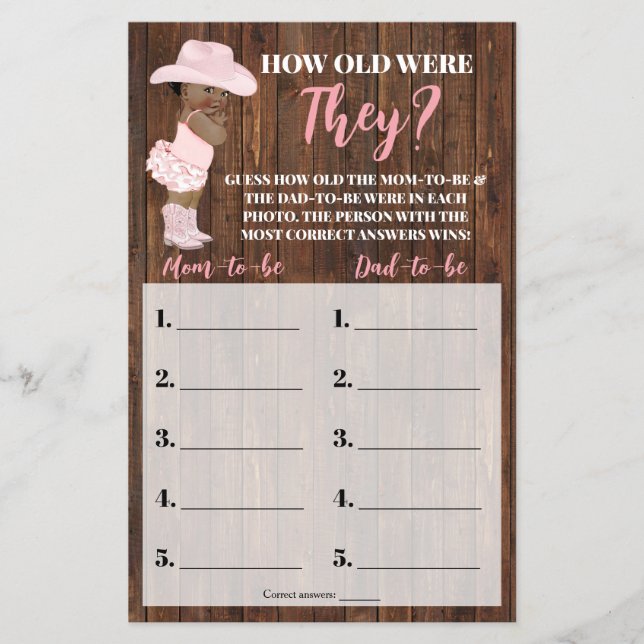 How Old Were They AA Cowgirl Baby Shower Game Card Flyer (Front)