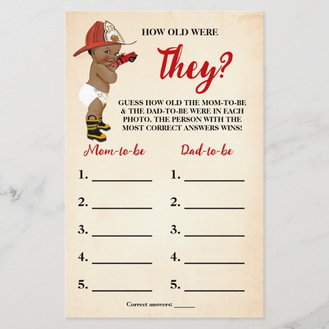 How old were They AA Fireman Baby Shower Game Card Flyer (Front)