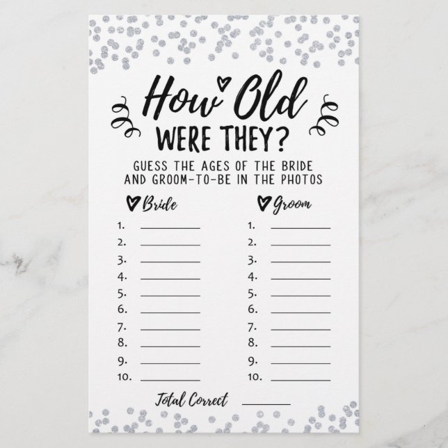 How old were they Bridal Shower or Hen Party game (Front)