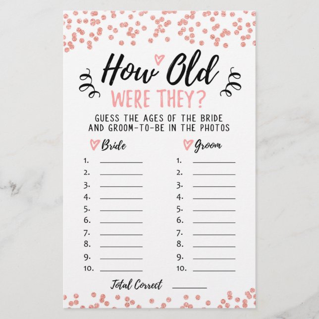 How old were they Bridal Shower or Hen Party game (Front)
