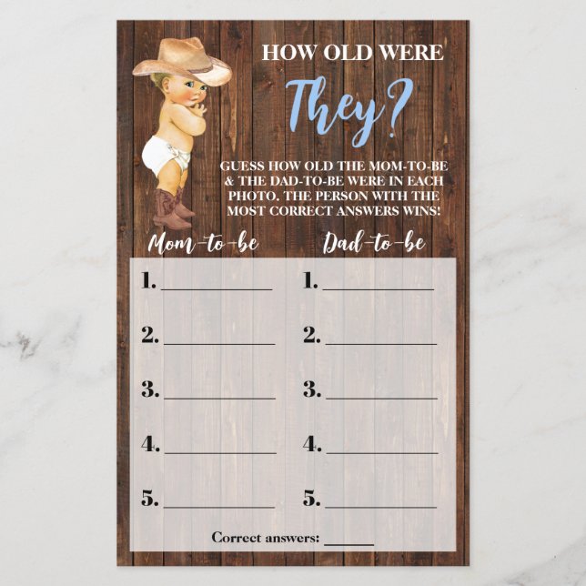 How Old Were They Cowboy Baby Shower Game Card Flyer (Front)