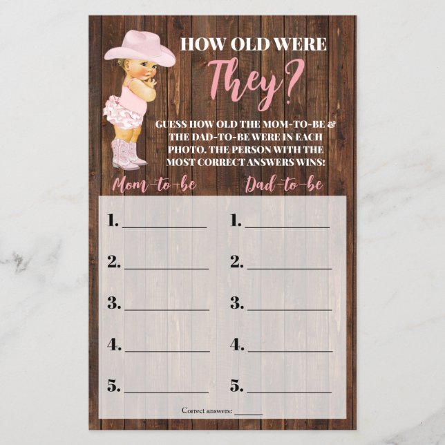 How Old Were They Cowgirl Baby Shower Game Card Flyer (Front)