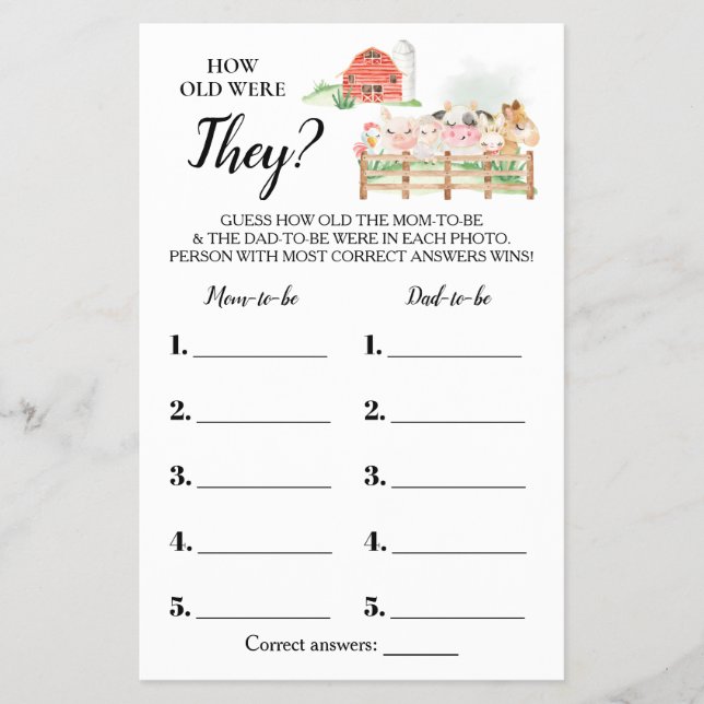 How old were They Farm Baby Shower Game Card Flyer (Front)