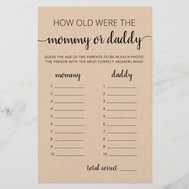 How old were they game Baby Shower party game (Front)