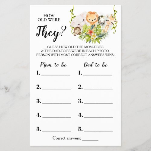 How old were They Jungle Baby Shower Game Card Flyer