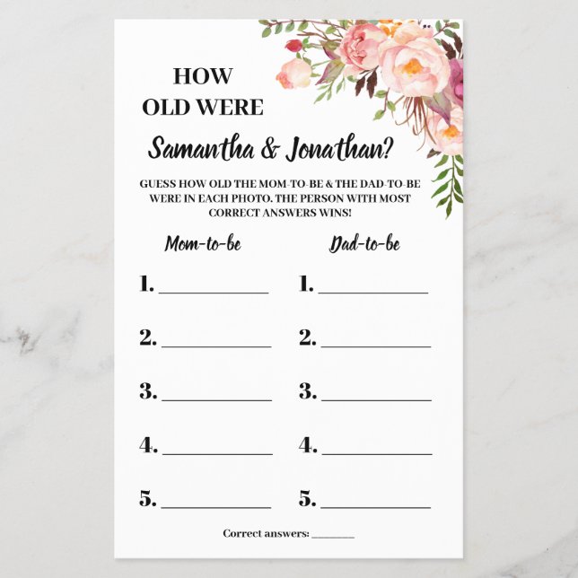 How old were They shower bilingual pink game card Flyer (Front)