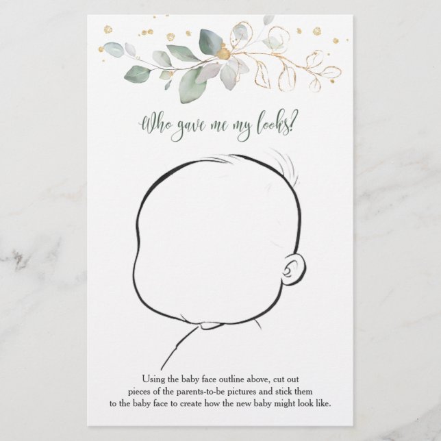How Our Baby Might Look Greenery Baby Shower Game Flyer (Front)