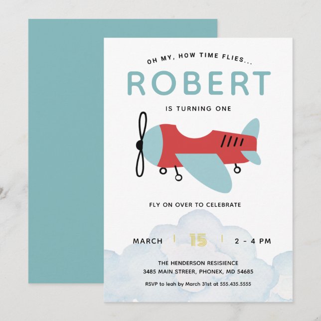 How Time Flies Airplane Birthday , Modern Plane Invitation (Front/Back)