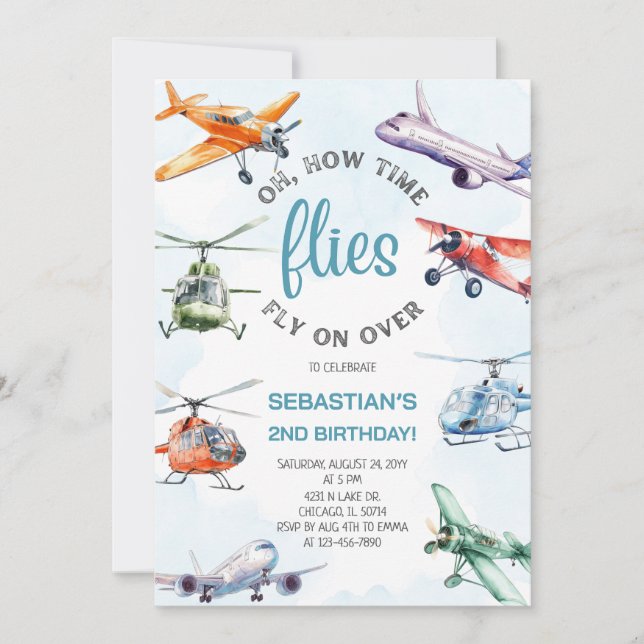 How Time Flies Boy 2nd Birthday Party Invitation (Front)