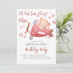 How time flies pink teddy bear tiny pilot invitation