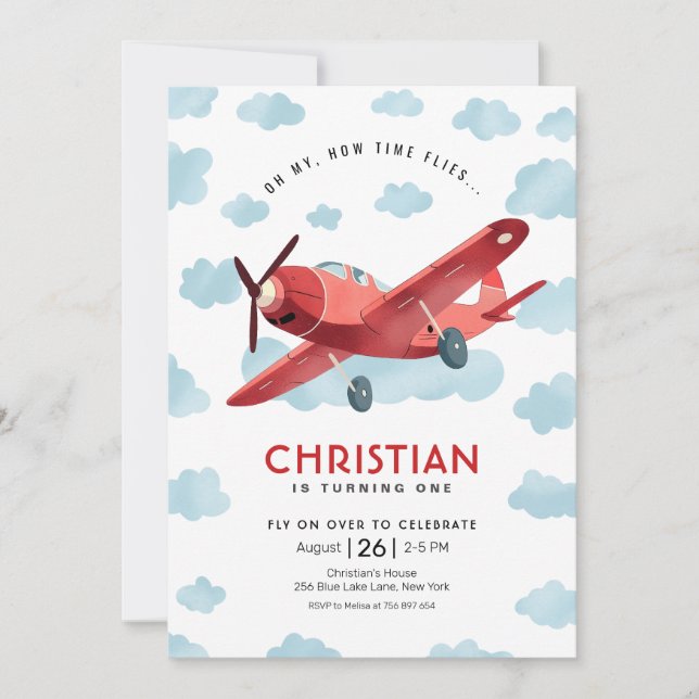 How time Flies Red Airplane Birthday Invitation (Front)